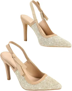 Women's Beige Pointed Toe High Heel Sandals, Shiny Lace and Bow Detail Ankle Strap, Elegant Evening Shoes, Stylish Party Footwear, Trendy Open-Toe High Heels