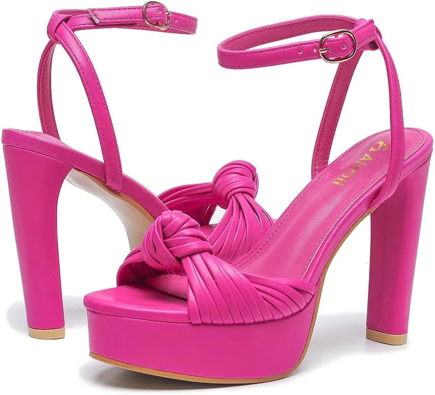 Women's Block Heels 4 Inch Platform Braid Knot Ankle Strap Lady Heeled Sandals FZ319