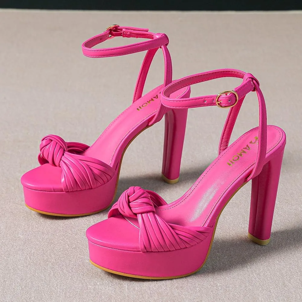 Women's Block Heels 4 Inch Platform Braid Knot Ankle Strap Lady Heeled Sandals FZ319
