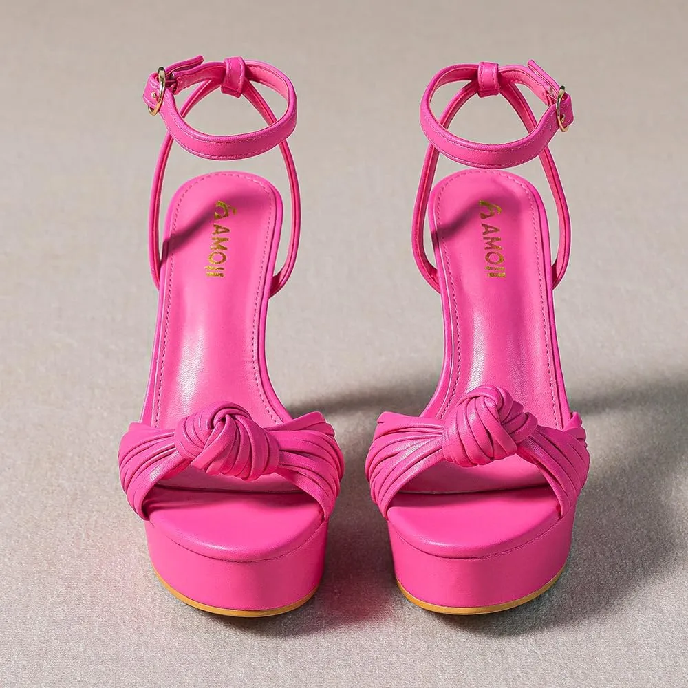 Women's Block Heels 4 Inch Platform Braid Knot Ankle Strap Lady Heeled Sandals FZ319