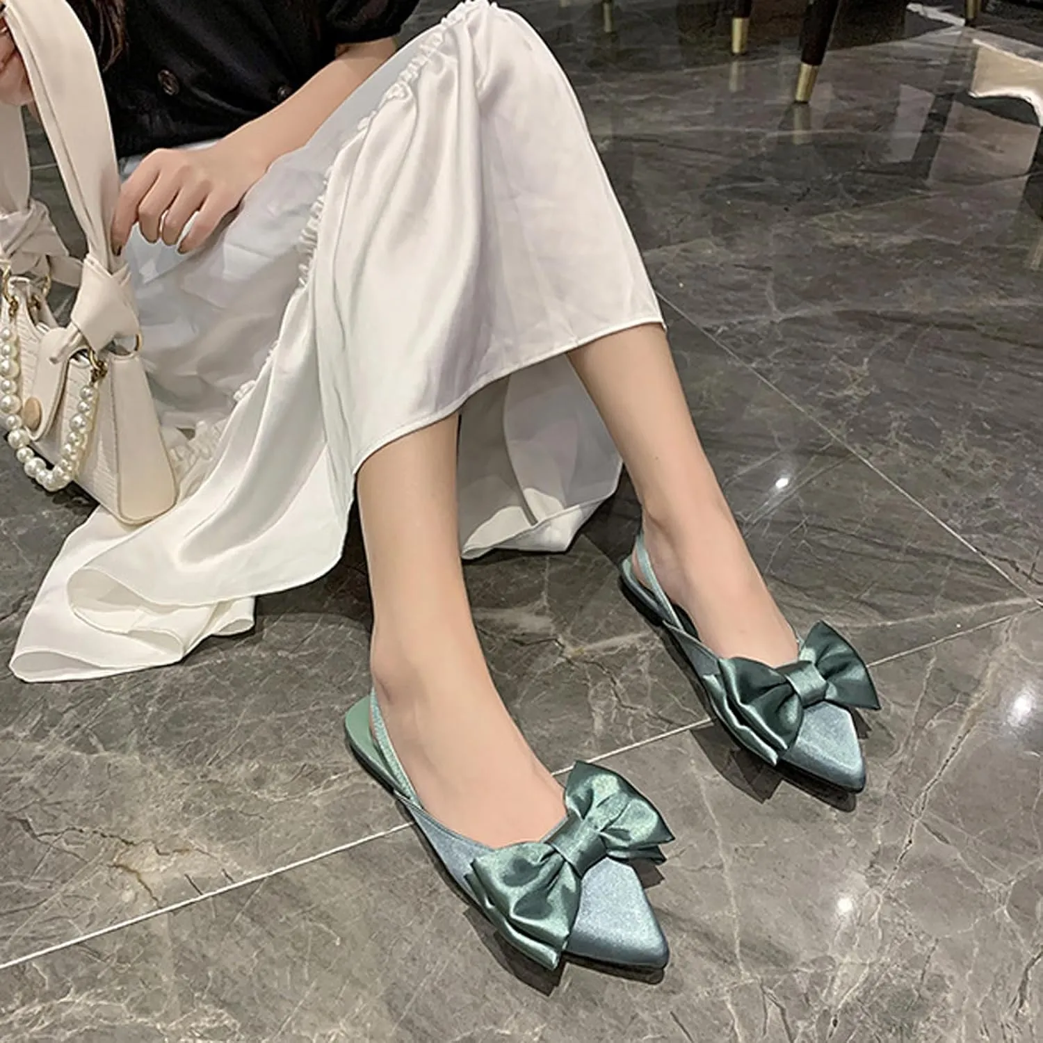 Women's Bow Satin Slingback Formal Flats Pointed Closed Toe Comfortable Slip-On Non-Slip Ballet Dress Shoes for Prom Evening Dating