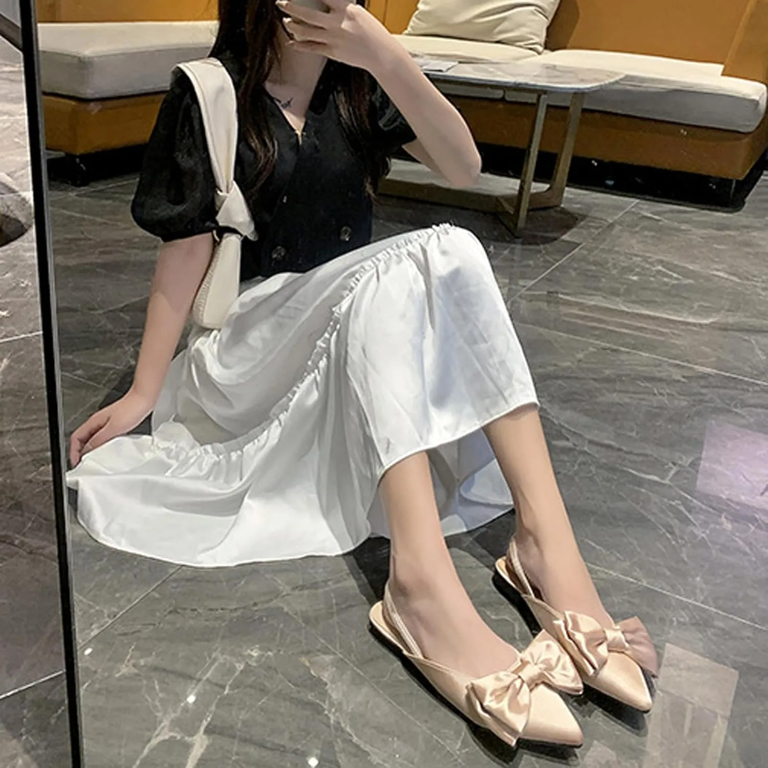 Women's Bow Satin Slingback Formal Flats Pointed Closed Toe Comfortable Slip-On Non-Slip Ballet Dress Shoes for Prom Evening Dating