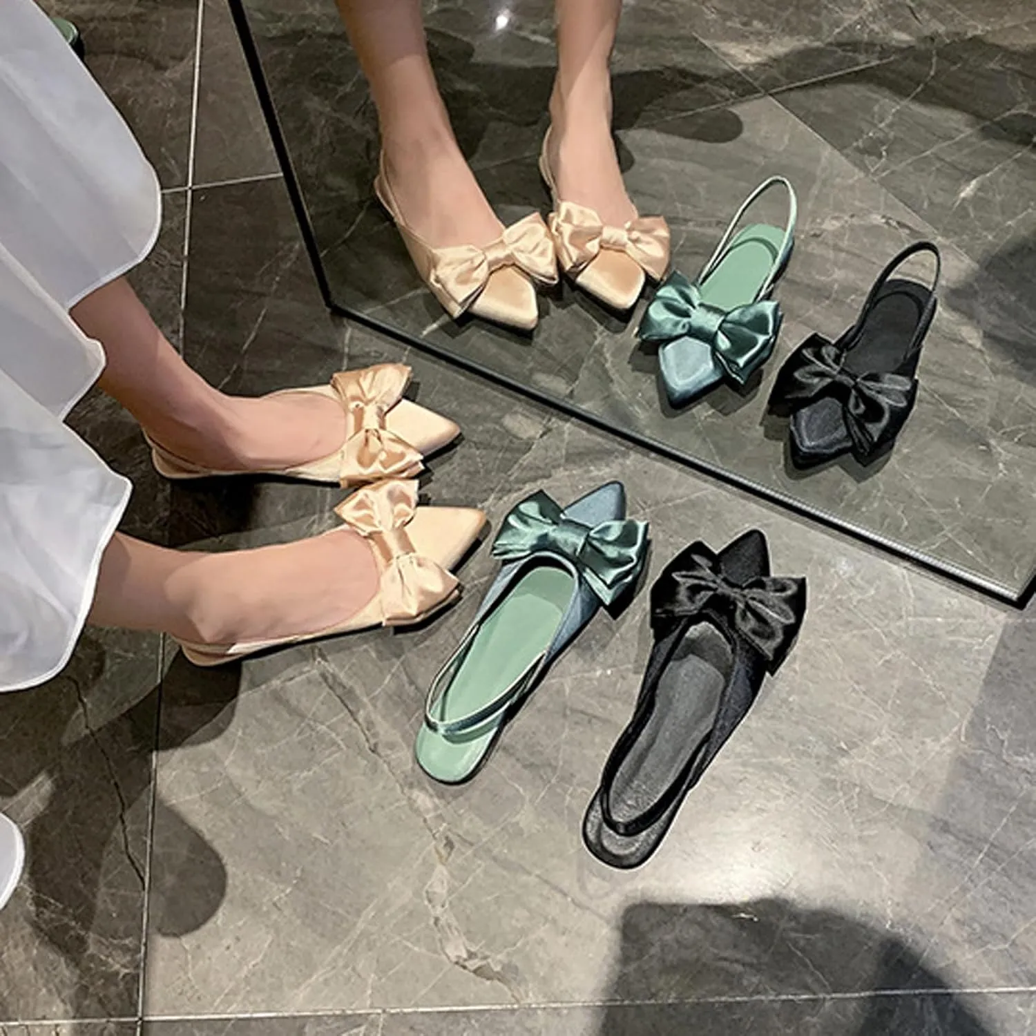 Women's Bow Satin Slingback Formal Flats Pointed Closed Toe Comfortable Slip-On Non-Slip Ballet Dress Shoes for Prom Evening Dating