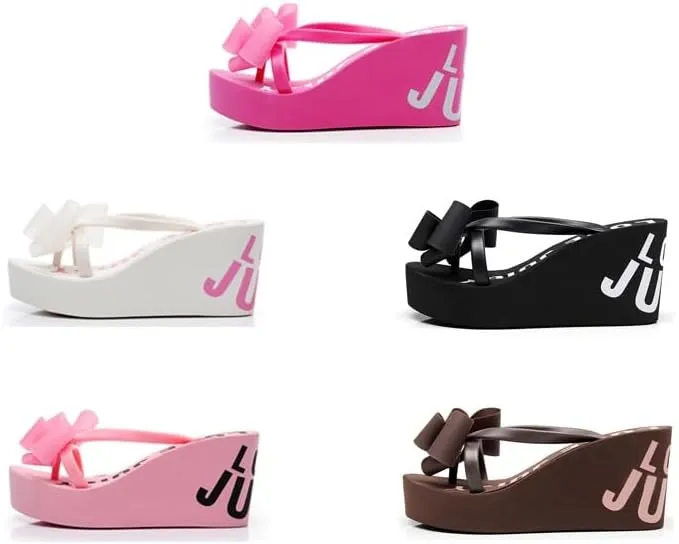 Womens Bowtie Platform Wedge Flip Flops Chunky High Heel Sandals Slip on Anti-Slip Summer Beach Sandal