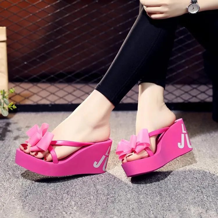 Womens Bowtie Platform Wedge Flip Flops Chunky High Heel Sandals Slip on Anti-Slip Summer Beach Sandal