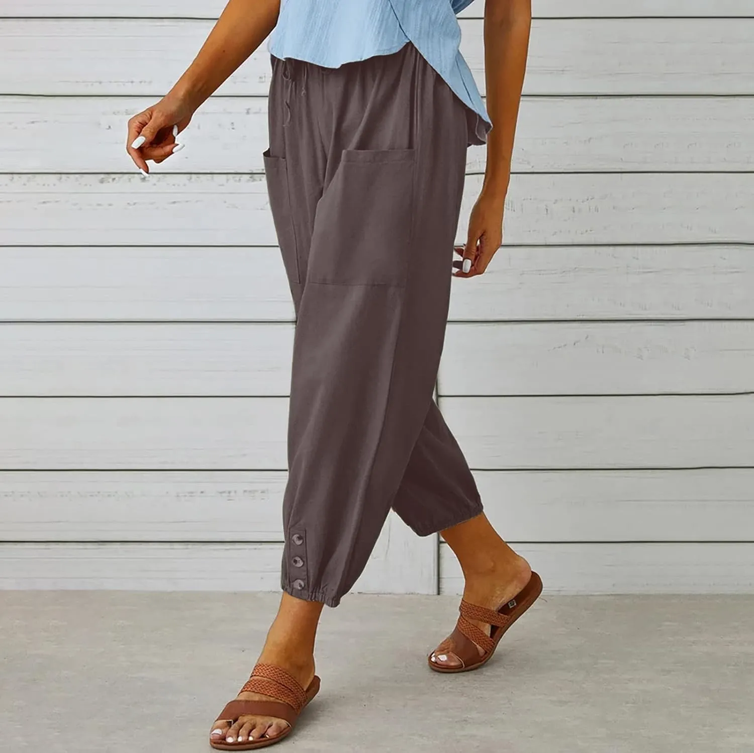 Women's Capri Pants High Waist Drawstring Cinch Bottom with Button Cotton Loose Casual Trouser with Pockets