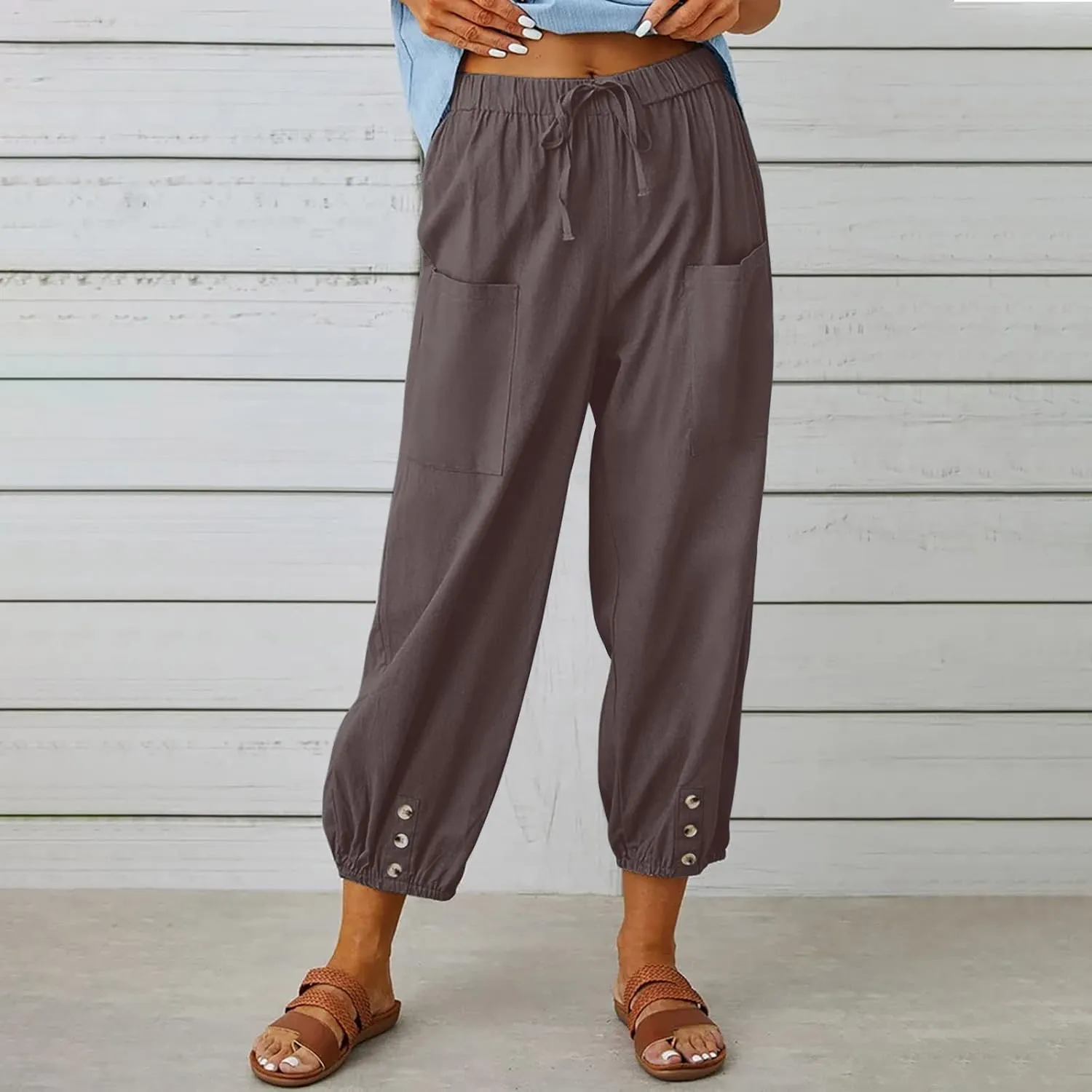 Women's Capri Pants High Waist Drawstring Cinch Bottom with Button Cotton Loose Casual Trouser with Pockets