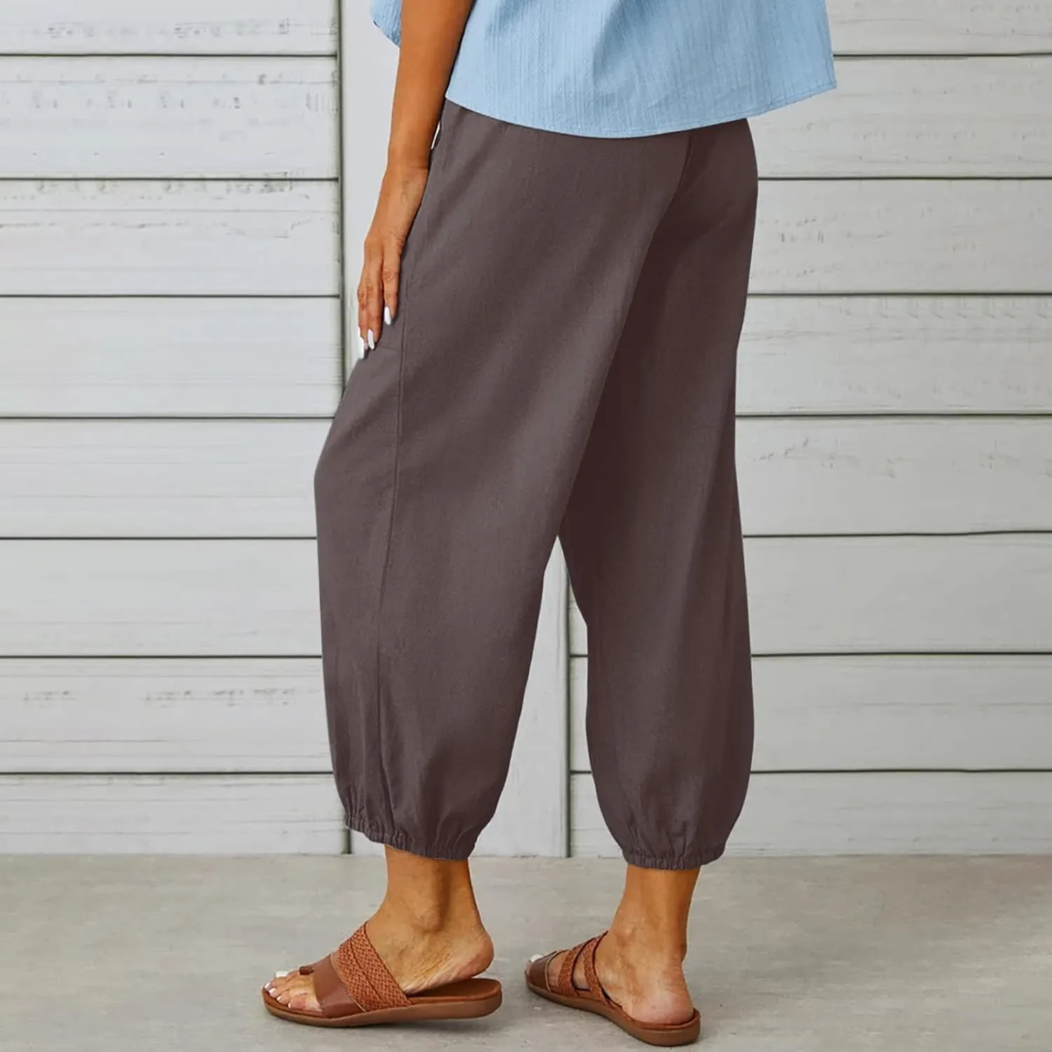 Women's Capri Pants High Waist Drawstring Cinch Bottom with Button Cotton Loose Casual Trouser with Pockets