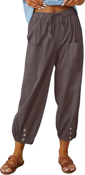 Women's Capri Pants High Waist Drawstring Cinch Bottom with Button Cotton Loose Casual Trouser with Pockets