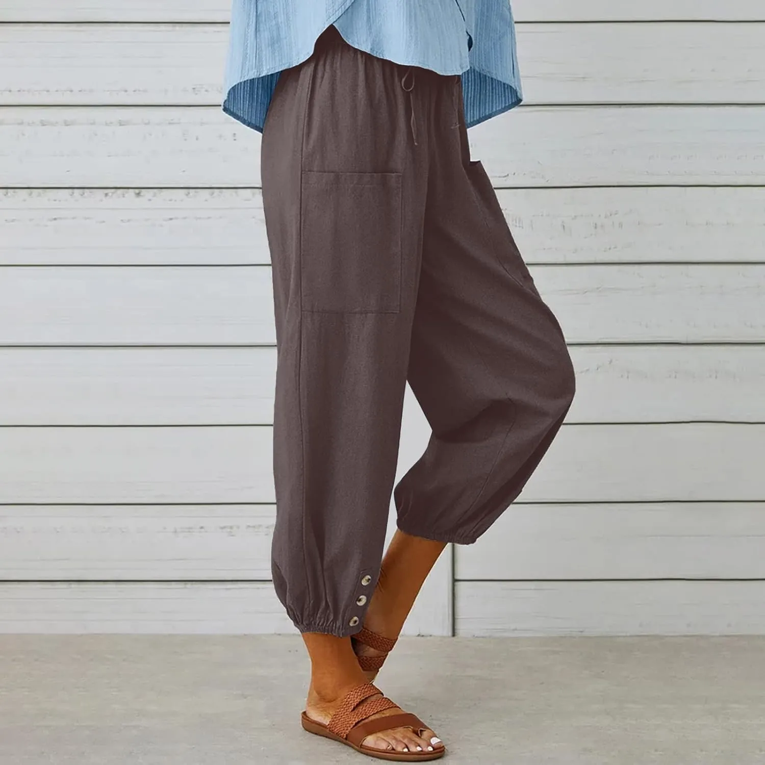 Women's Capri Pants High Waist Drawstring Cinch Bottom with Button Cotton Loose Casual Trouser with Pockets