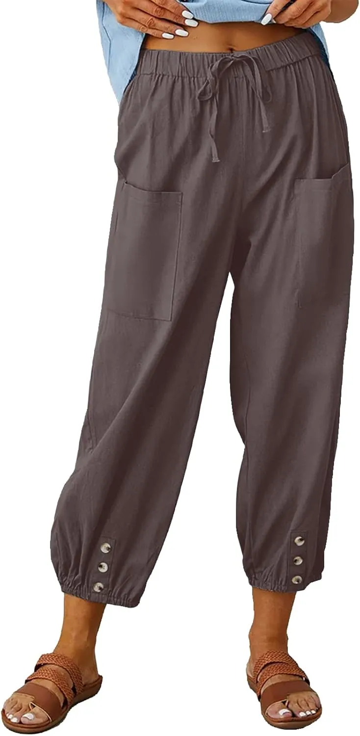Women's Capri Pants High Waist Drawstring Cinch Bottom with Button Cotton Loose Casual Trouser with Pockets