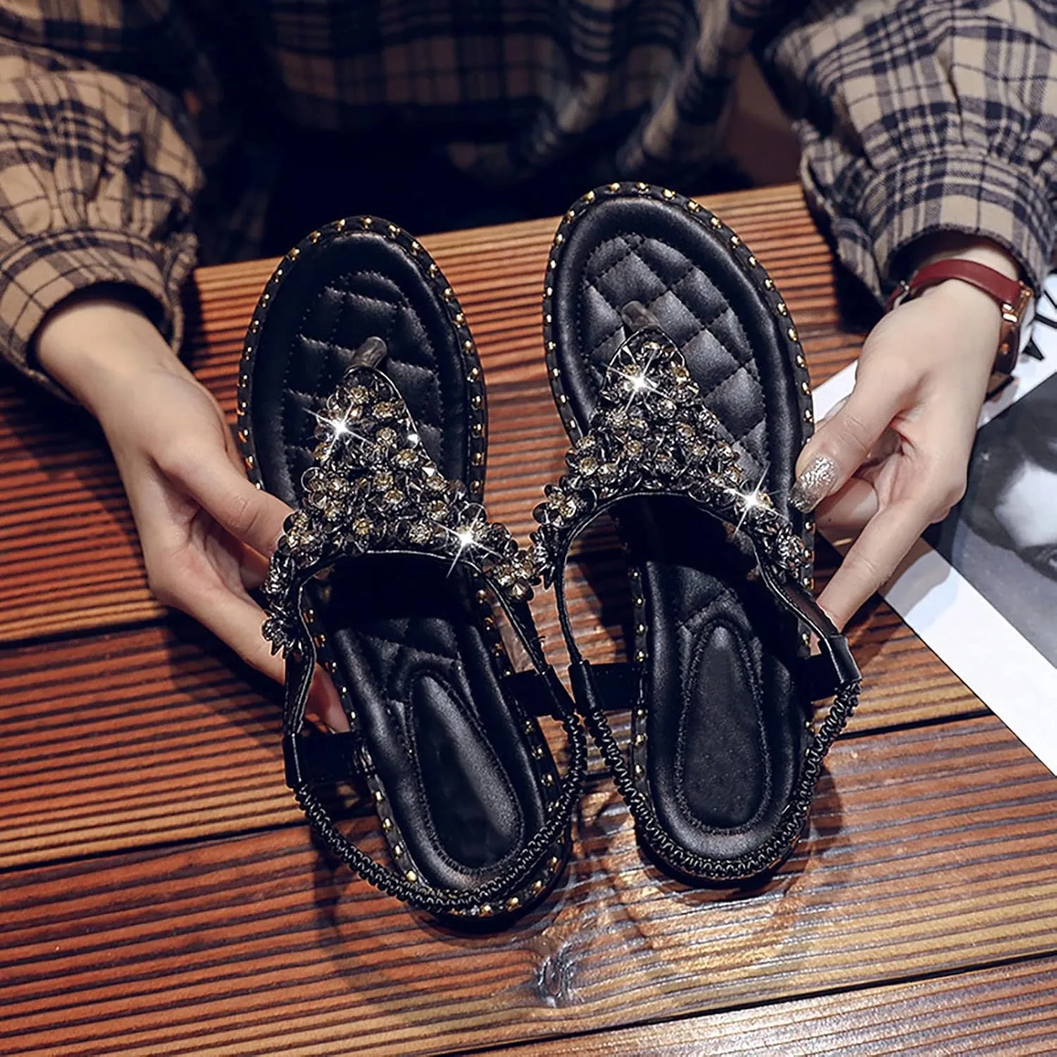 Women’s Casual Dressy Flat Sandals Summer Beach Crystal Rhinestones Flats T-Strap Thong Sandal with Adjustable Strap