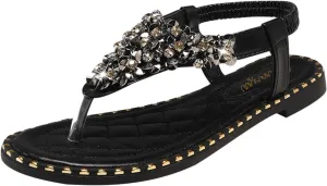 Women’s Casual Dressy Flat Sandals Summer Beach Crystal Rhinestones Flats T-Strap Thong Sandal with Adjustable Strap