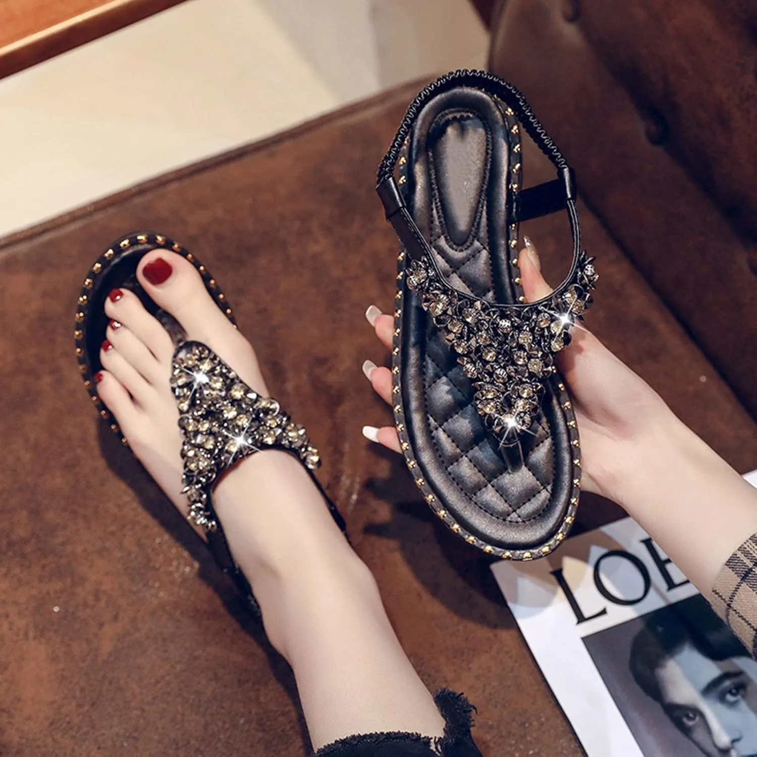 Women’s Casual Dressy Flat Sandals Summer Beach Crystal Rhinestones Flats T-Strap Thong Sandal with Adjustable Strap