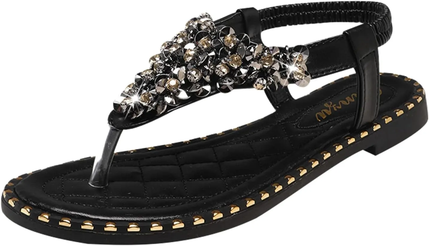 Women’s Casual Dressy Flat Sandals Summer Beach Crystal Rhinestones Flats T-Strap Thong Sandal with Adjustable Strap