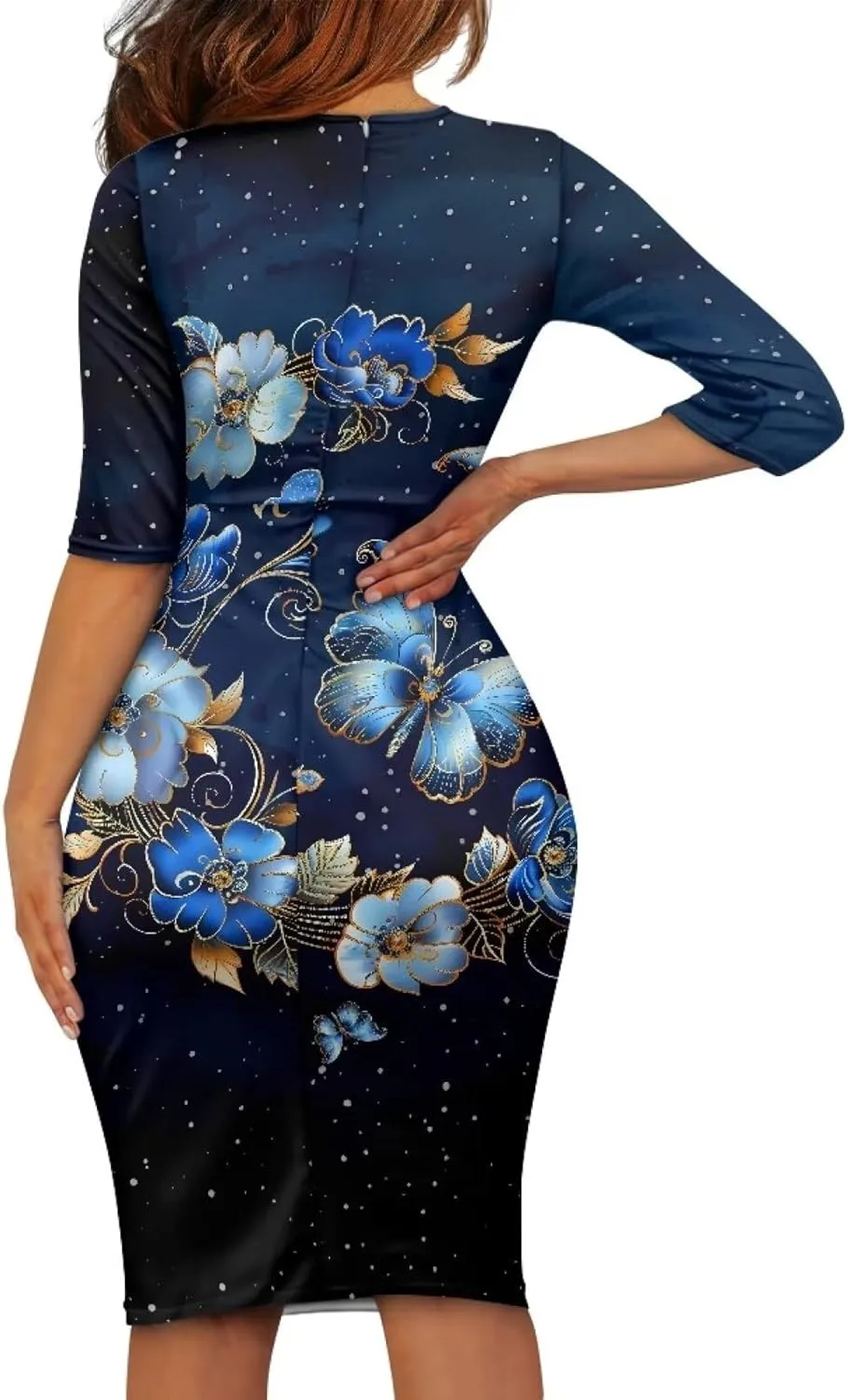 Womens Casual Midi Bodycon Dress 3/4 Sleeve Midi Dress Slim Fit Pencil Dress