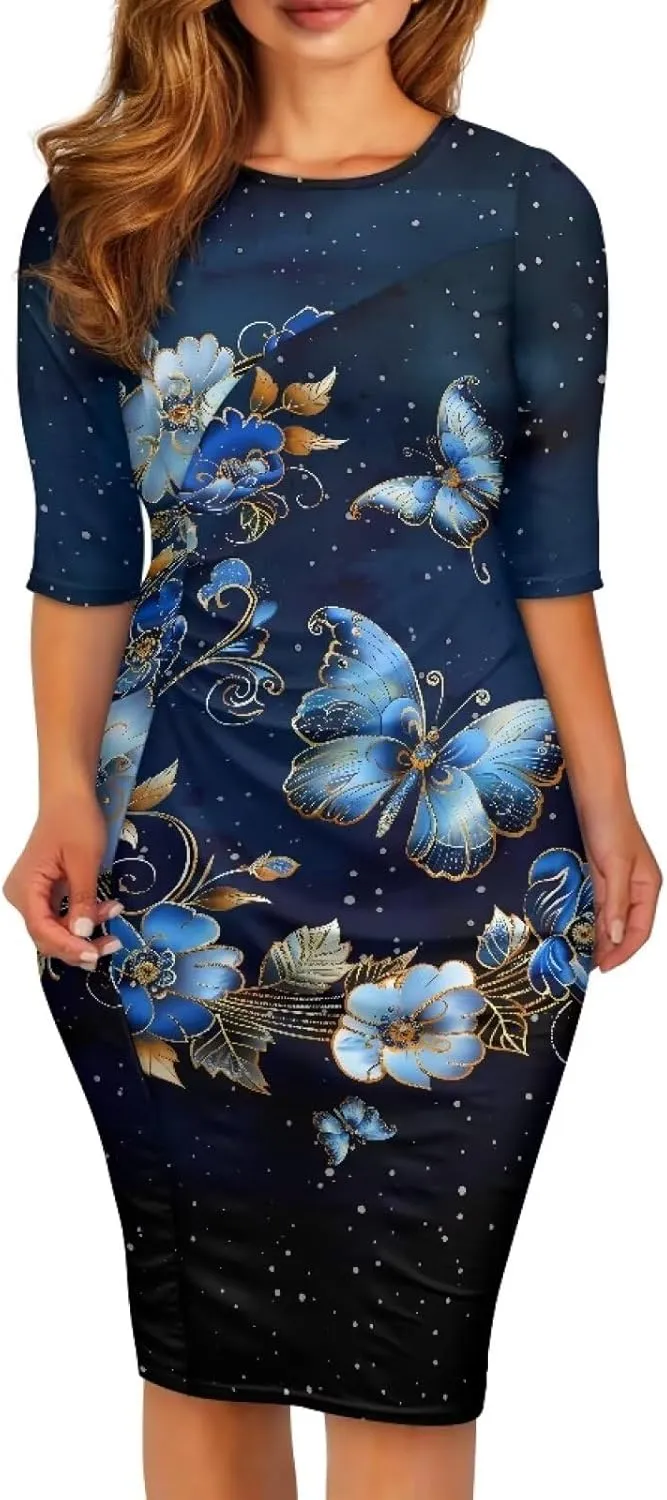 Womens Casual Midi Bodycon Dress 3/4 Sleeve Midi Dress Slim Fit Pencil Dress