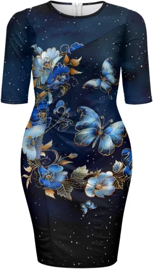 Womens Casual Midi Bodycon Dress 3/4 Sleeve Midi Dress Slim Fit Pencil Dress