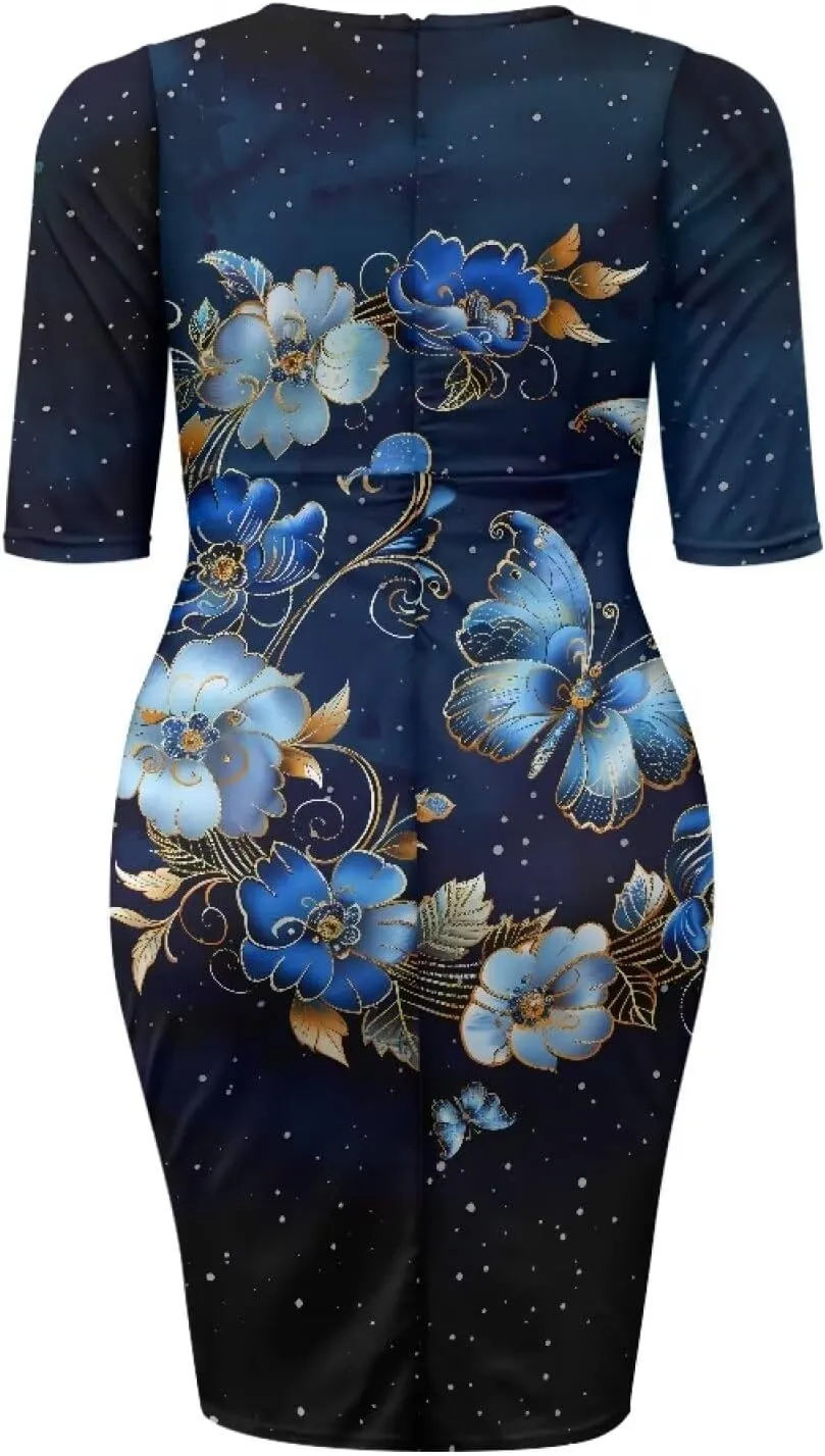 Womens Casual Midi Bodycon Dress 3/4 Sleeve Midi Dress Slim Fit Pencil Dress