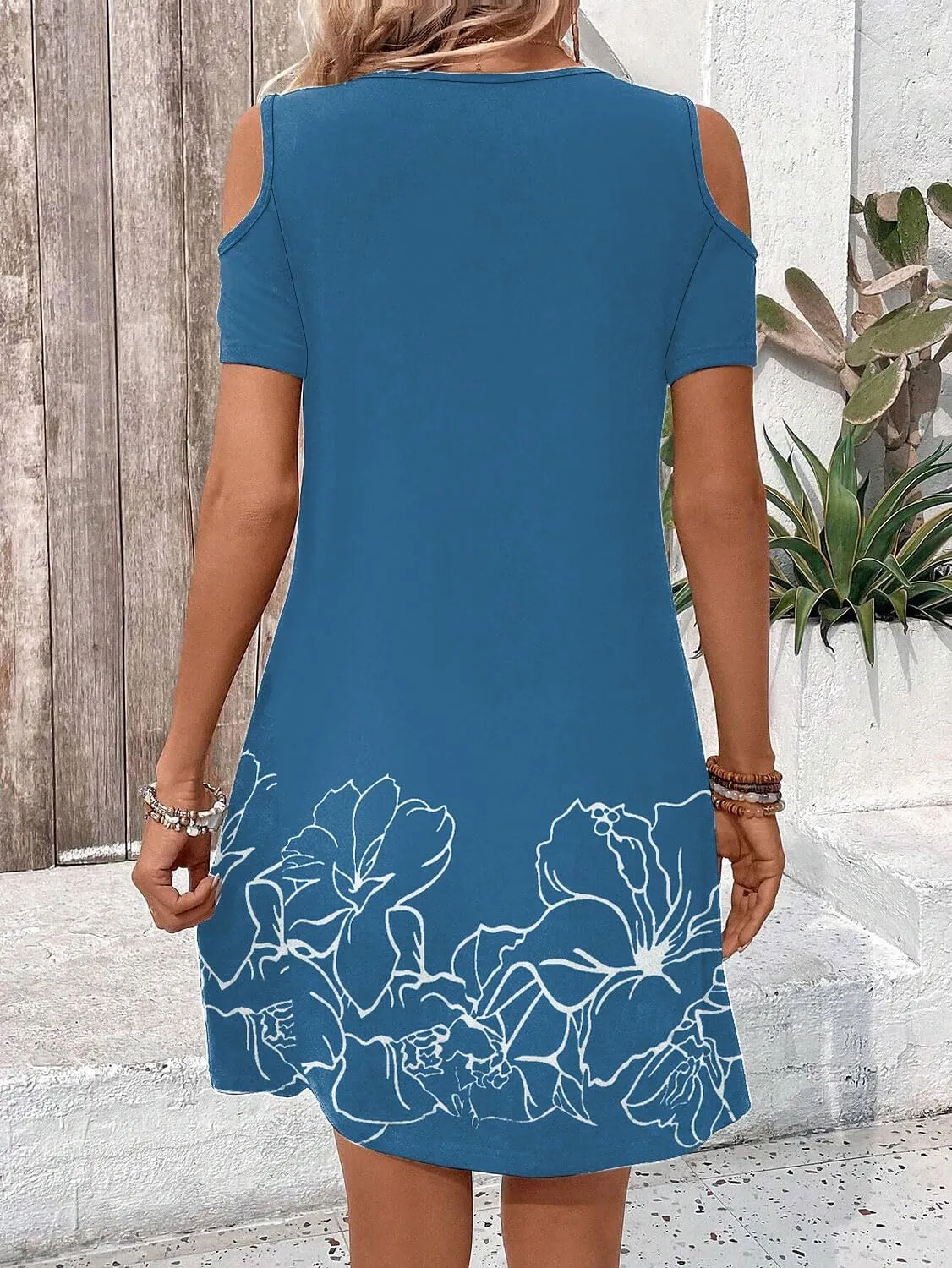Womens Casual Summer Scoop Neck Dress Trendy Sexy O Ring Cold Shoulder Flowy Short Dress with Pockets