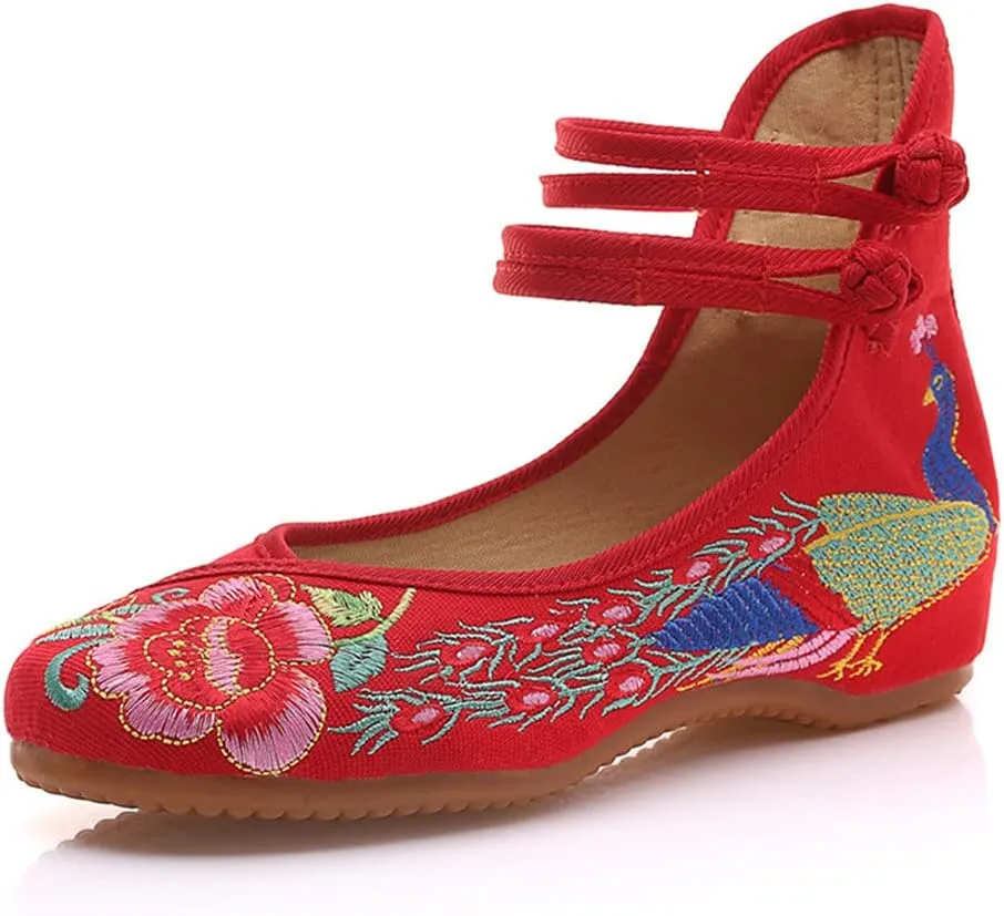 Women's Chinese Traditional Embroidered Oxfords Sole Cheongsam Mary Jane Shoes Ladies Casual Comfort Soft Canvas Flats
