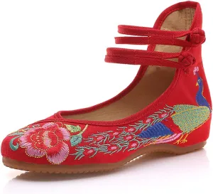Women's Chinese Traditional Embroidered Oxfords Sole Cheongsam Mary Jane Shoes Ladies Casual Comfort Soft Canvas Flats