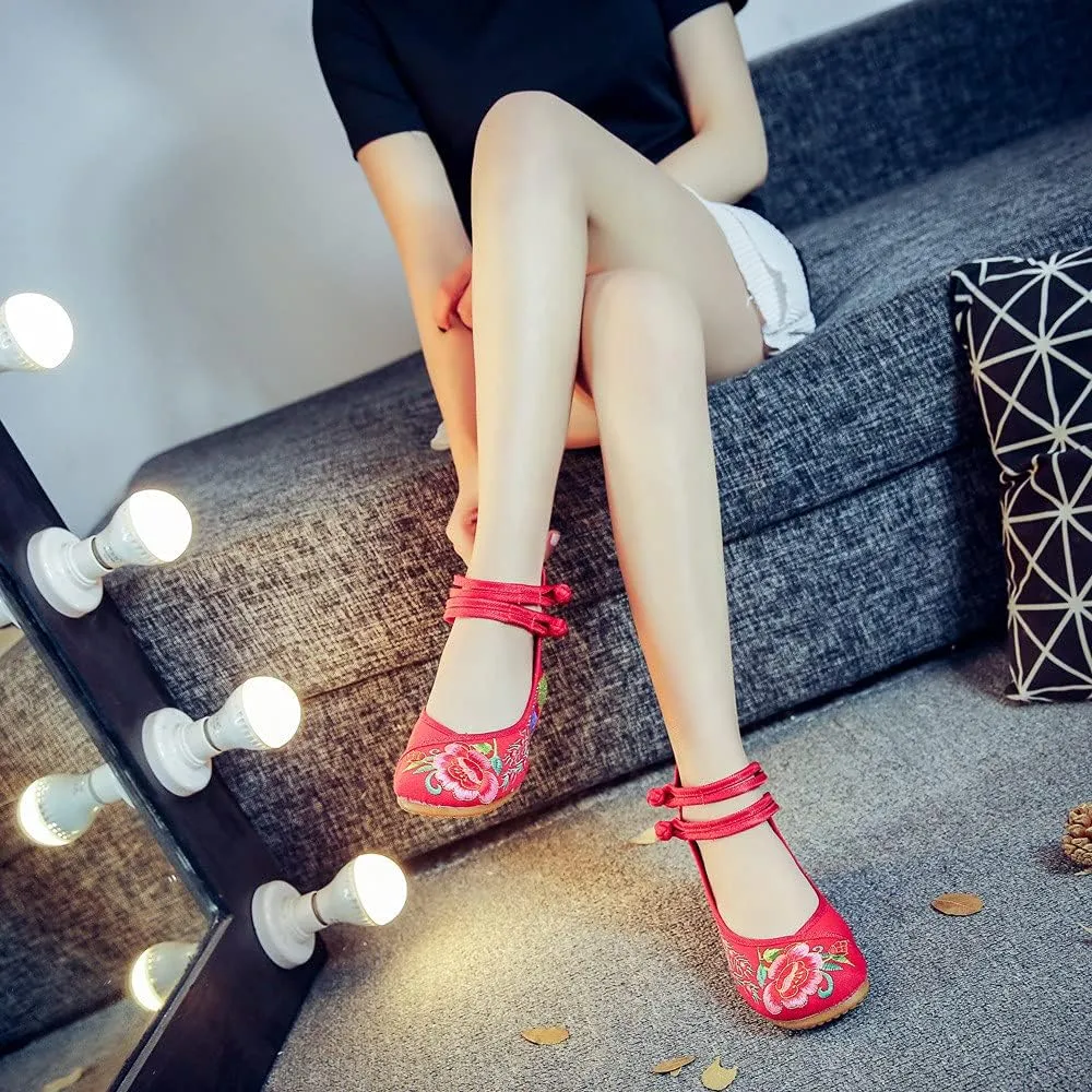Women's Chinese Traditional Embroidered Oxfords Sole Cheongsam Mary Jane Shoes Ladies Casual Comfort Soft Canvas Flats