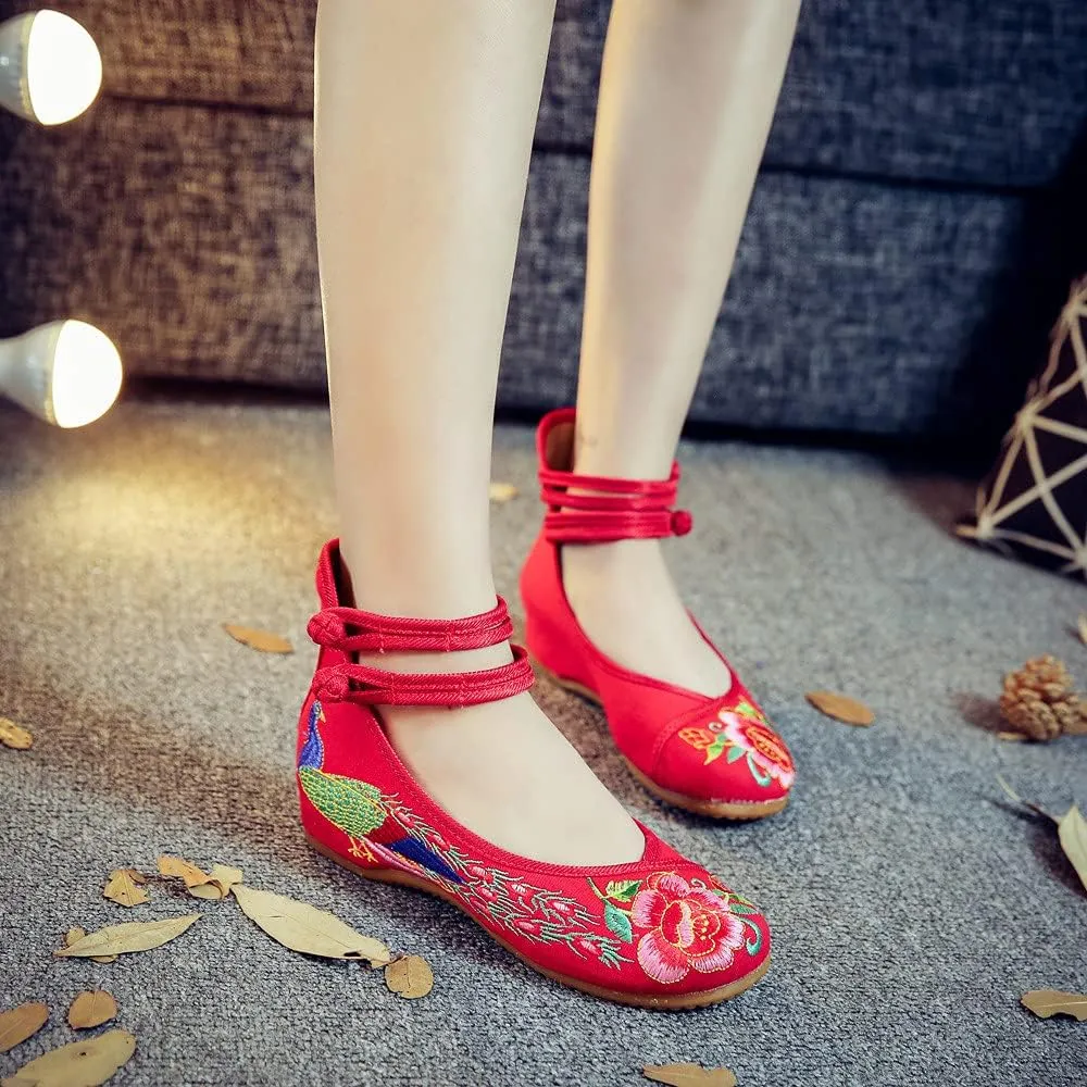 Women's Chinese Traditional Embroidered Oxfords Sole Cheongsam Mary Jane Shoes Ladies Casual Comfort Soft Canvas Flats