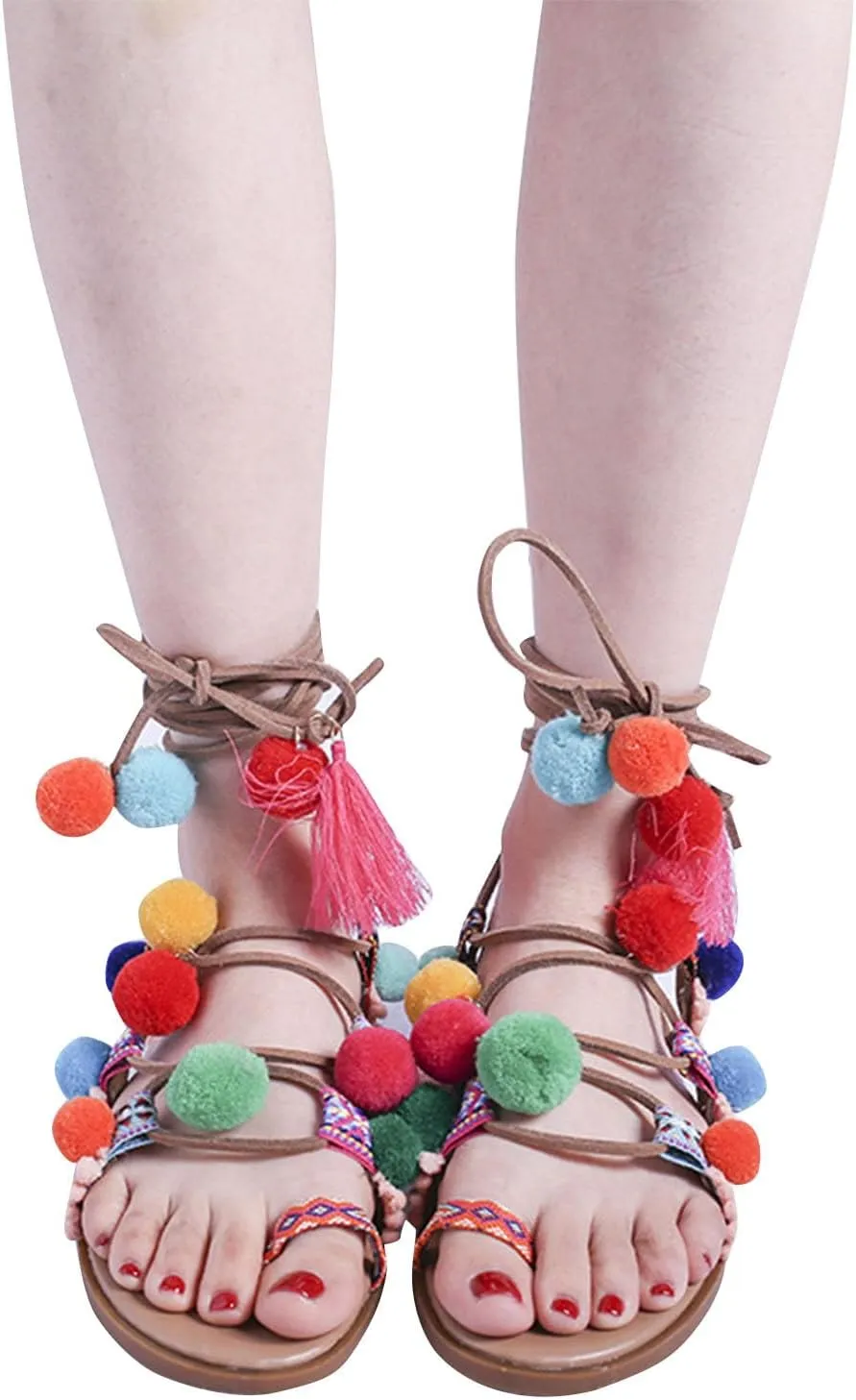 Women's Colorblock Pompom Strappy Sandal Toe Ring Bohemian Vacation Shoes Summer Spring Stylish Trendy Sandals