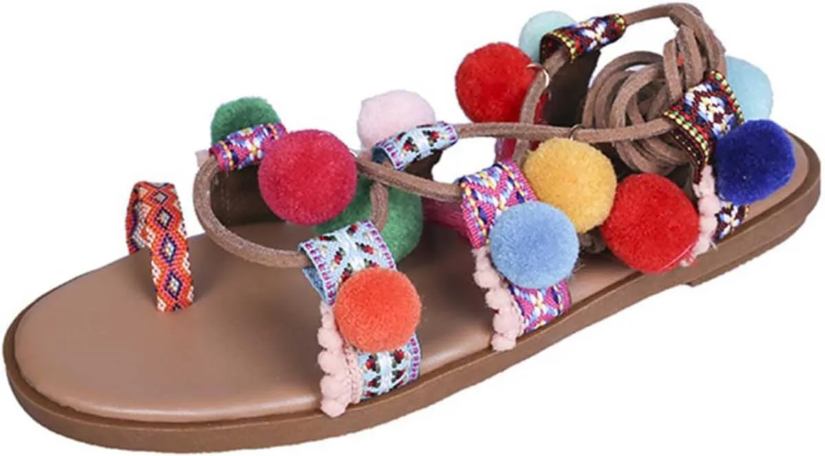 Women's Colorblock Pompom Strappy Sandal Toe Ring Bohemian Vacation Shoes Summer Spring Stylish Trendy Sandals