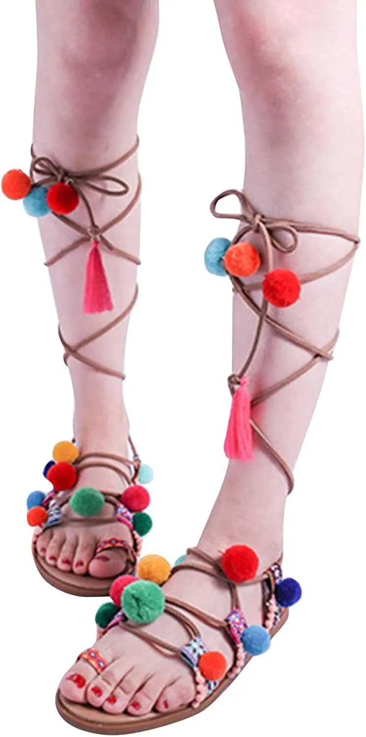 Women's Colorblock Pompom Strappy Sandal Toe Ring Bohemian Vacation Shoes Summer Spring Stylish Trendy Sandals