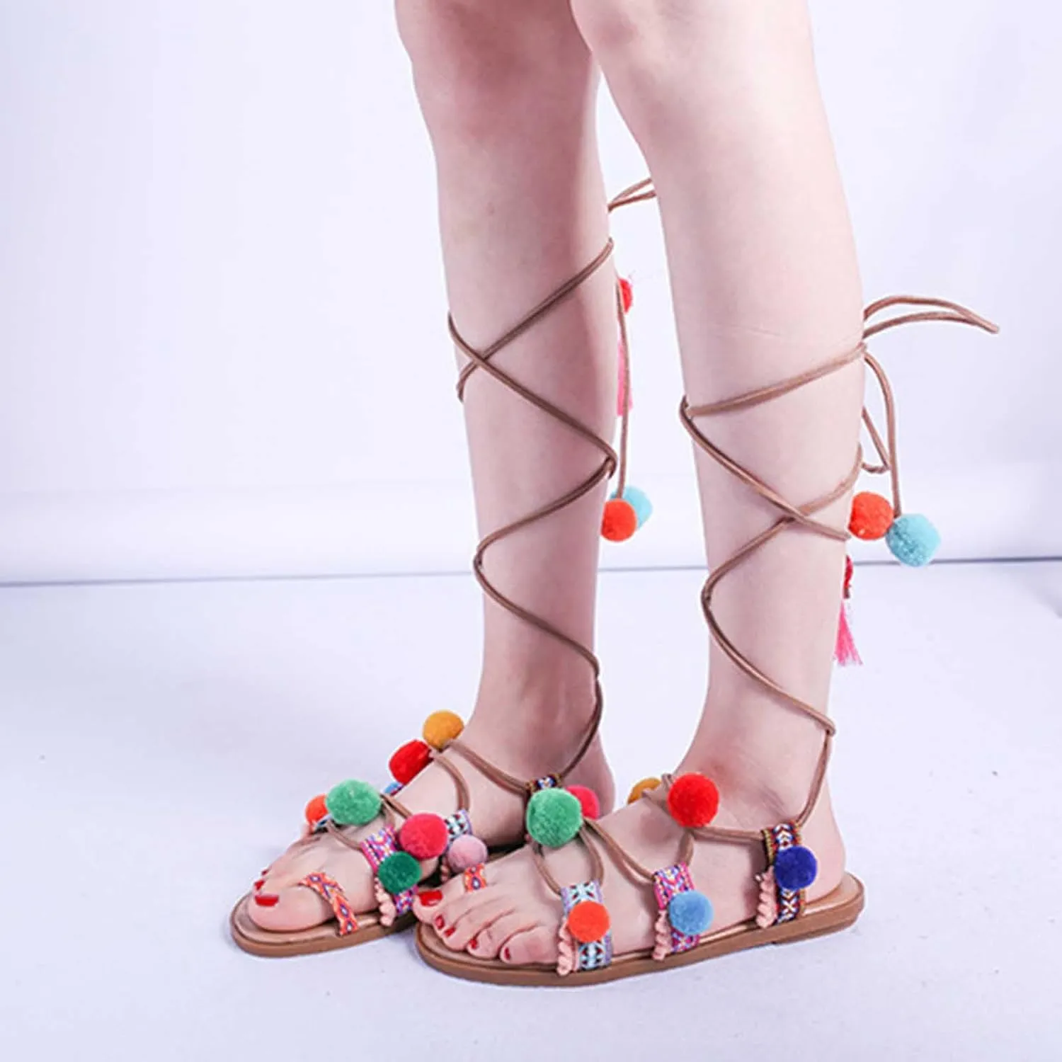 Women's Colorblock Pompom Strappy Sandal Toe Ring Bohemian Vacation Shoes Summer Spring Stylish Trendy Sandals