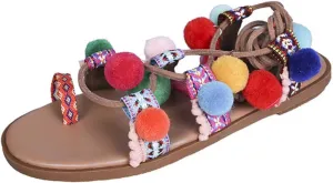 Women's Colorblock Pompom Strappy Sandal Toe Ring Bohemian Vacation Shoes Summer Spring Stylish Trendy Sandals