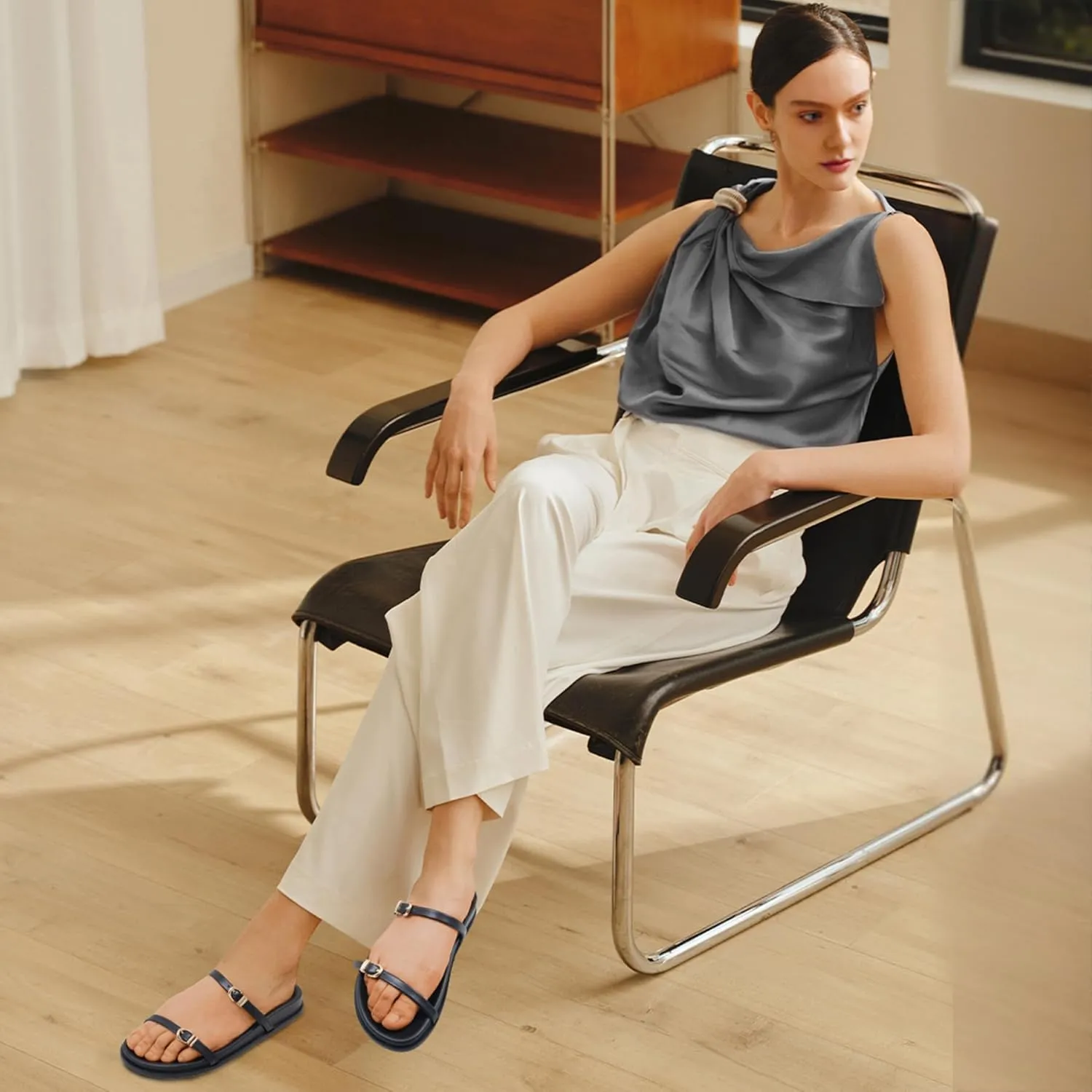 Women's Comfortable Casual Denim Fringe Slide Sandals with Soft Footbed and Stylish Double Metal Buckles