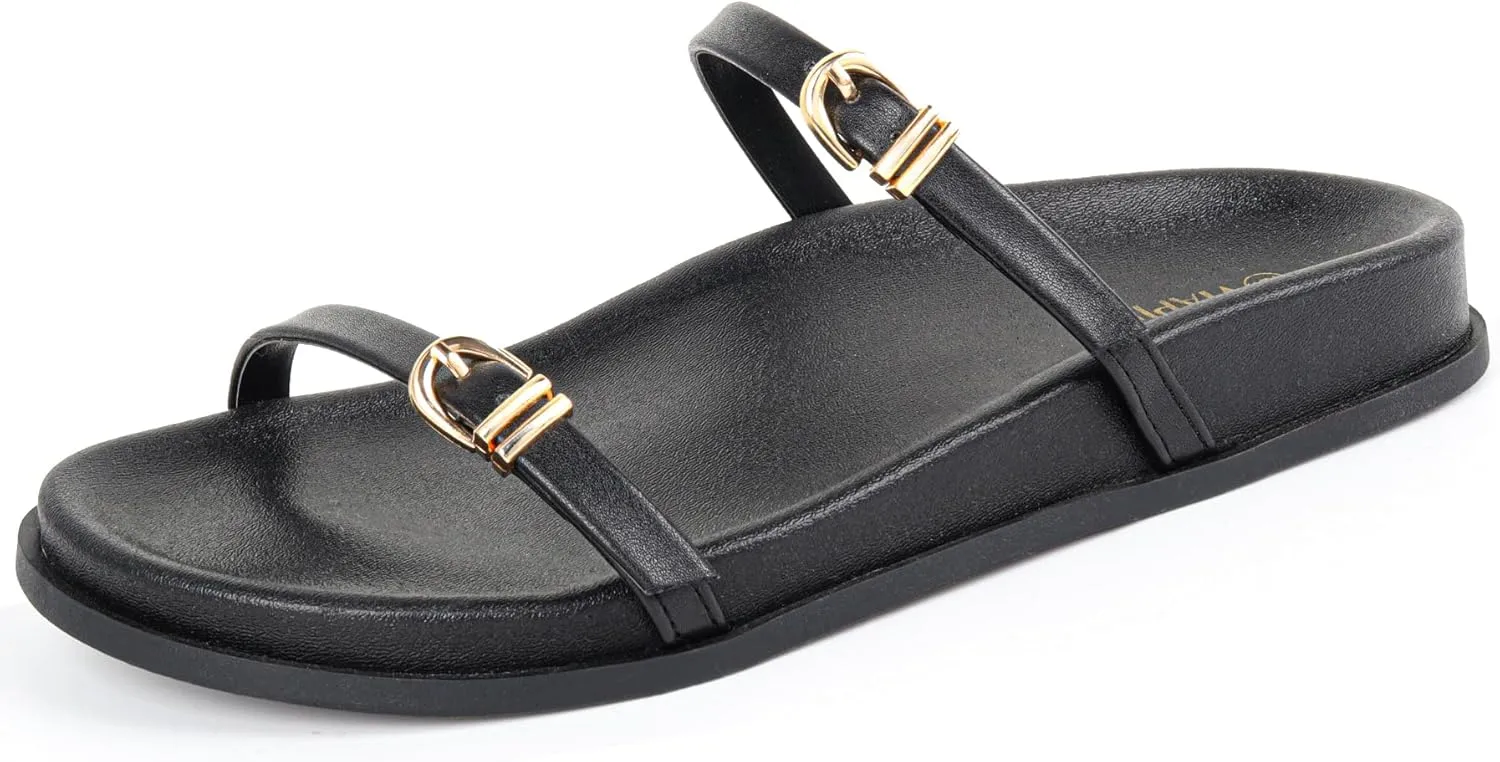Women's Comfortable Casual Denim Fringe Slide Sandals with Soft Footbed and Stylish Double Metal Buckles