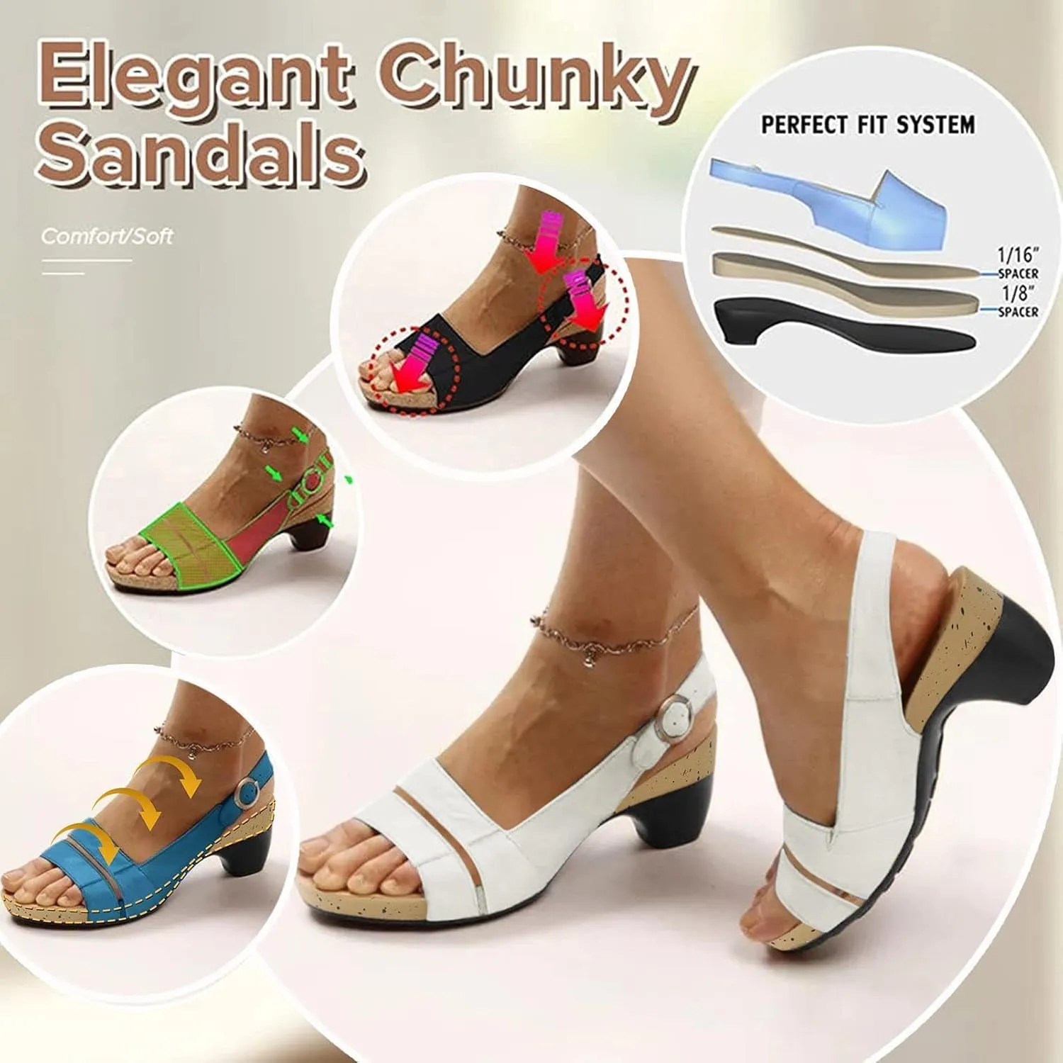 Women's Comfy Orthotic Sandals,Women's Ultra-Comfy Dressy Summer Toe Ankle Strap Chunky Heeled Shoe