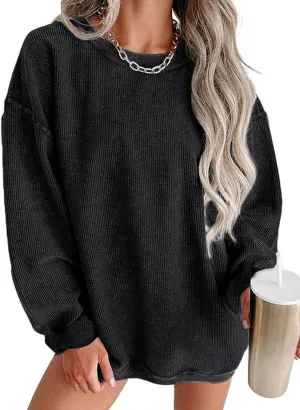 Womens Crewneck Oversized Corduroy Corded Sweatshirt Casual Long Sleeve Trendy Pullover Comfy Tops