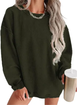 Womens Crewneck Oversized Corduroy Corded Sweatshirt Casual Long Sleeve Trendy Pullover Comfy Tops