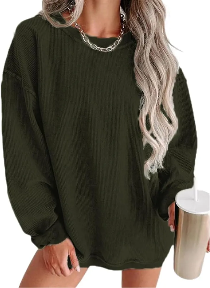 Womens Crewneck Oversized Corduroy Corded Sweatshirt Casual Long Sleeve Trendy Pullover Comfy Tops
