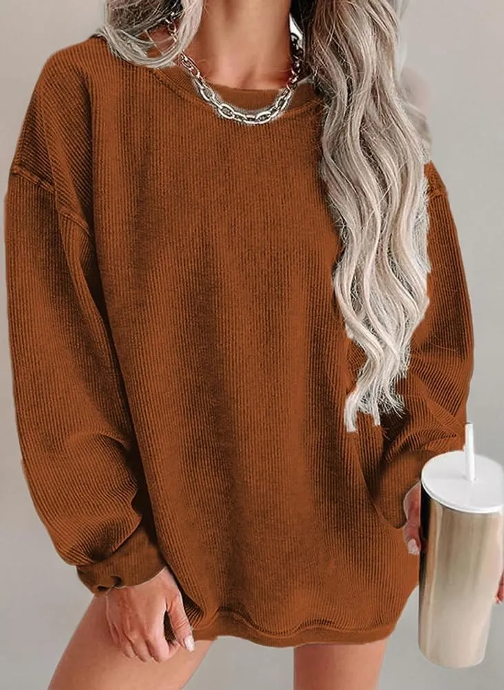 Womens Crewneck Oversized Corduroy Corded Sweatshirt Casual Long Sleeve Trendy Pullover Comfy Tops