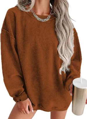 Womens Crewneck Oversized Corduroy Corded Sweatshirt Casual Long Sleeve Trendy Pullover Comfy Tops