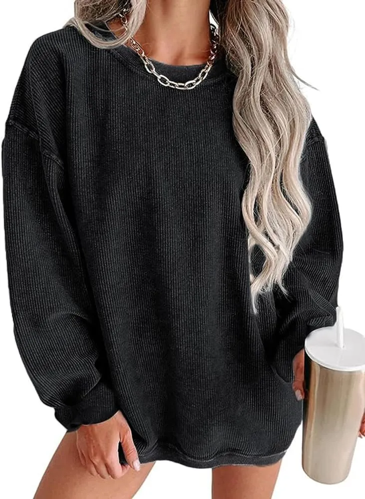 Womens Crewneck Oversized Corduroy Corded Sweatshirt Casual Long Sleeve Trendy Pullover Comfy Tops