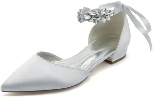 Women's Crystal Pointed Toe Flats Ankle Strap Satin Wedding Shoes Prom Evening Bridal Party Dress Flats