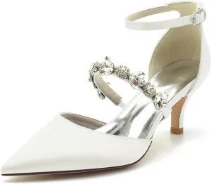 Womens Crystal Pumps Low Kitten Heel Satin Ankle Strap High Heels Pointed Toe Wedding Pumps Party Dress Shoes
