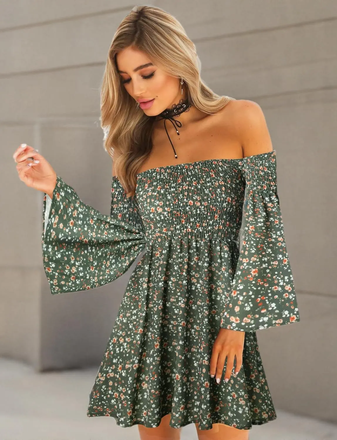 Women's Dress Summer Floral Long Sleeve Off Shoulder Casual Mini Dresses