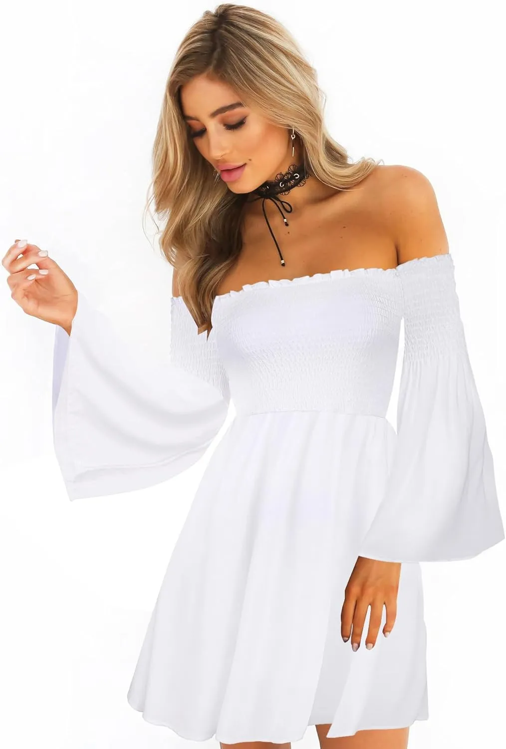 Women's Dress Summer Floral Long Sleeve Off Shoulder Casual Mini Dresses