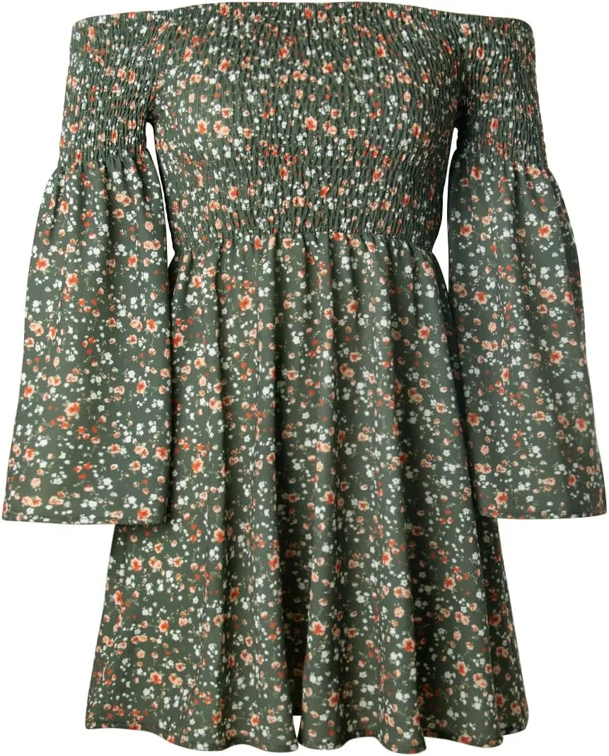 Women's Dress Summer Floral Long Sleeve Off Shoulder Casual Mini Dresses