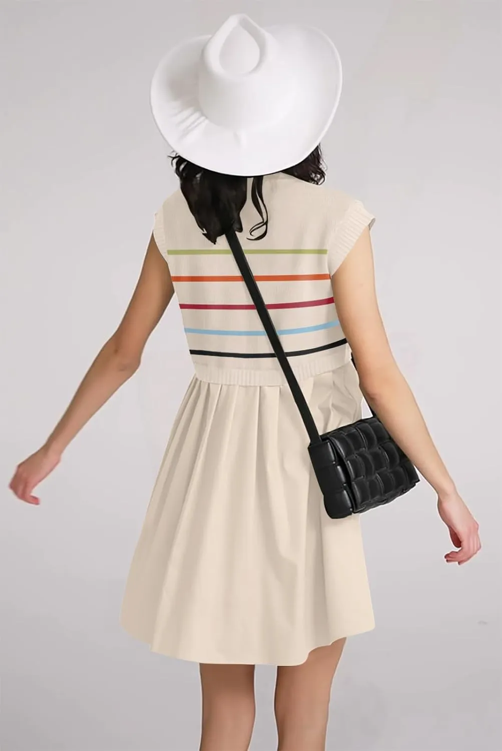 Womens Dresses Striped Knit Top Pleated Loose Swing Mini Short Sleeve Dress 2024 Trendy