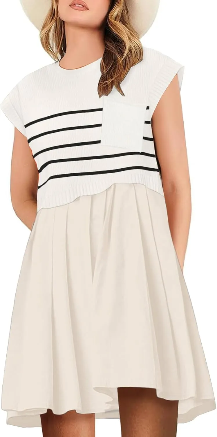 Womens Dresses Striped Knit Top Pleated Loose Swing Mini Short Sleeve Dress 2024 Trendy