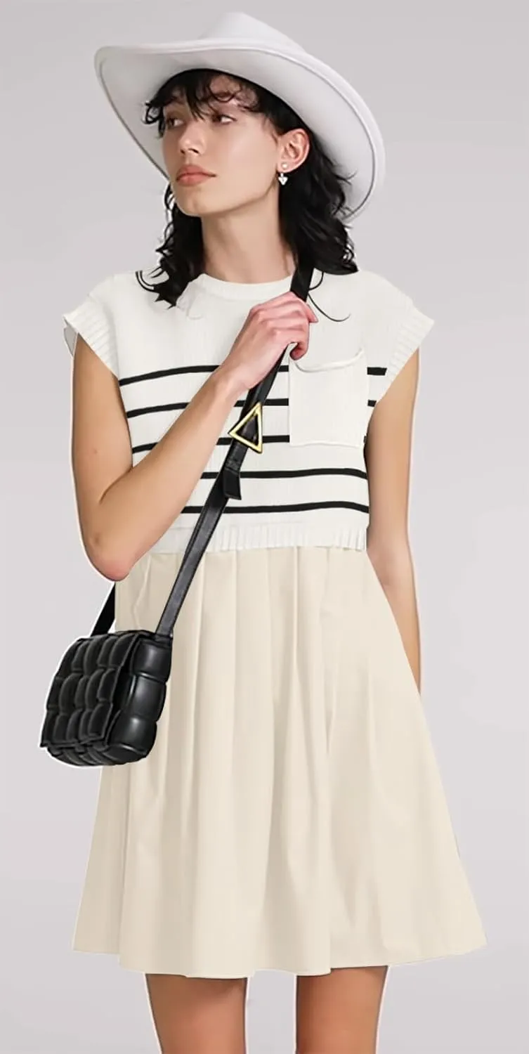 Womens Dresses Striped Knit Top Pleated Loose Swing Mini Short Sleeve Dress 2024 Trendy